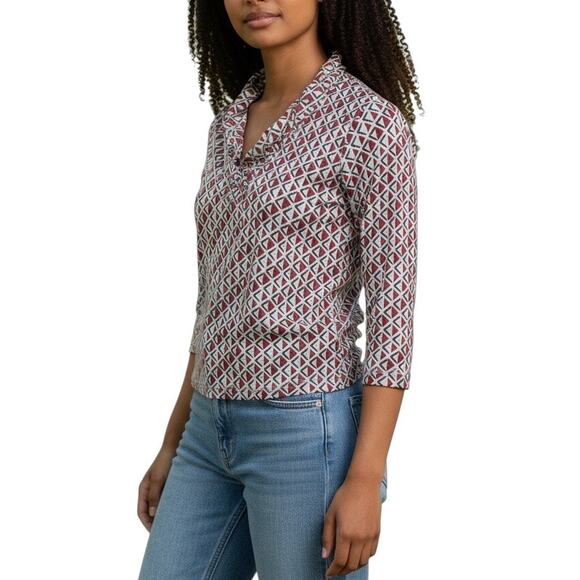 J. McLaughlin Durham Ruffle Top Size XS Geometric Diamond Print 3/4 Sleeve - Picture 1 of 13